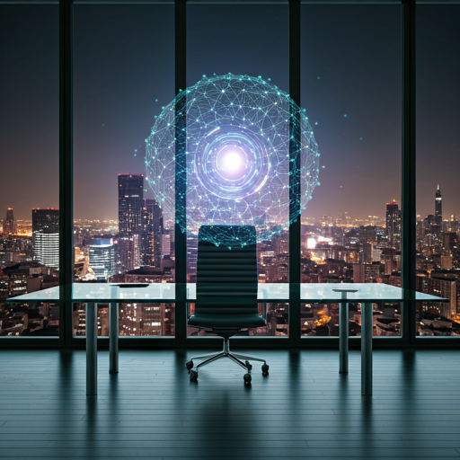 AI knowledge sphere over a city skyline office